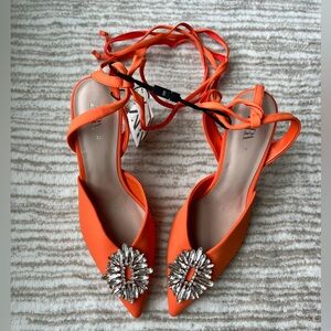 RARE NWT ZARA S/S 22 ORANGE SATIN JEWEL ANKLE LACE UP HEELS WOW! SIZE 36/6